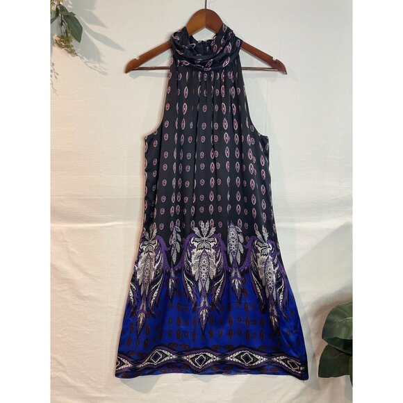 Vintage Sleeveless Silk Dress Black & Purple Paisley Print Halter Neck Size M - Picture 4 of 11